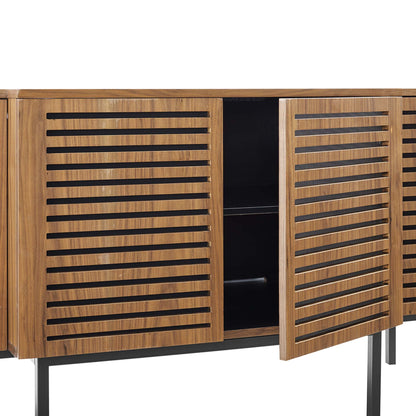 Walnut wood sideboard with slatted doors, open center cabinet, black interior, mid-century style, metal legs.