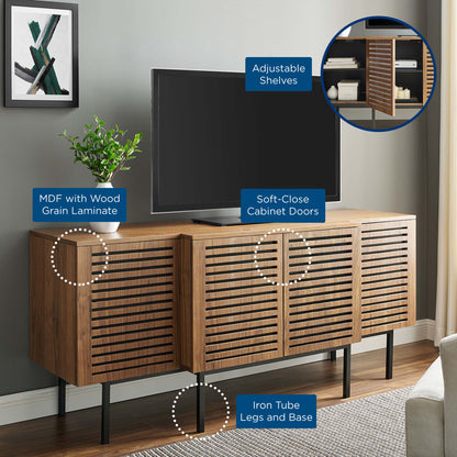 Walnut MDF sideboard with wood-grain laminate, three slatted cabinet doors, adjustable shelves, and iron legs.