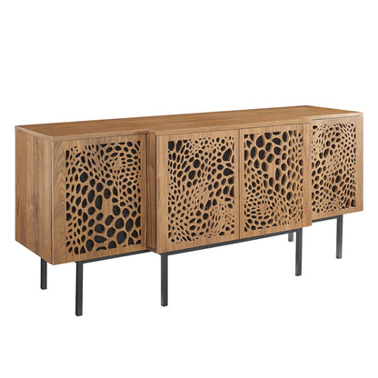 Walnut sideboard with four perforated lattice doors, slim black metal legs, flat top; contemporary storage console.