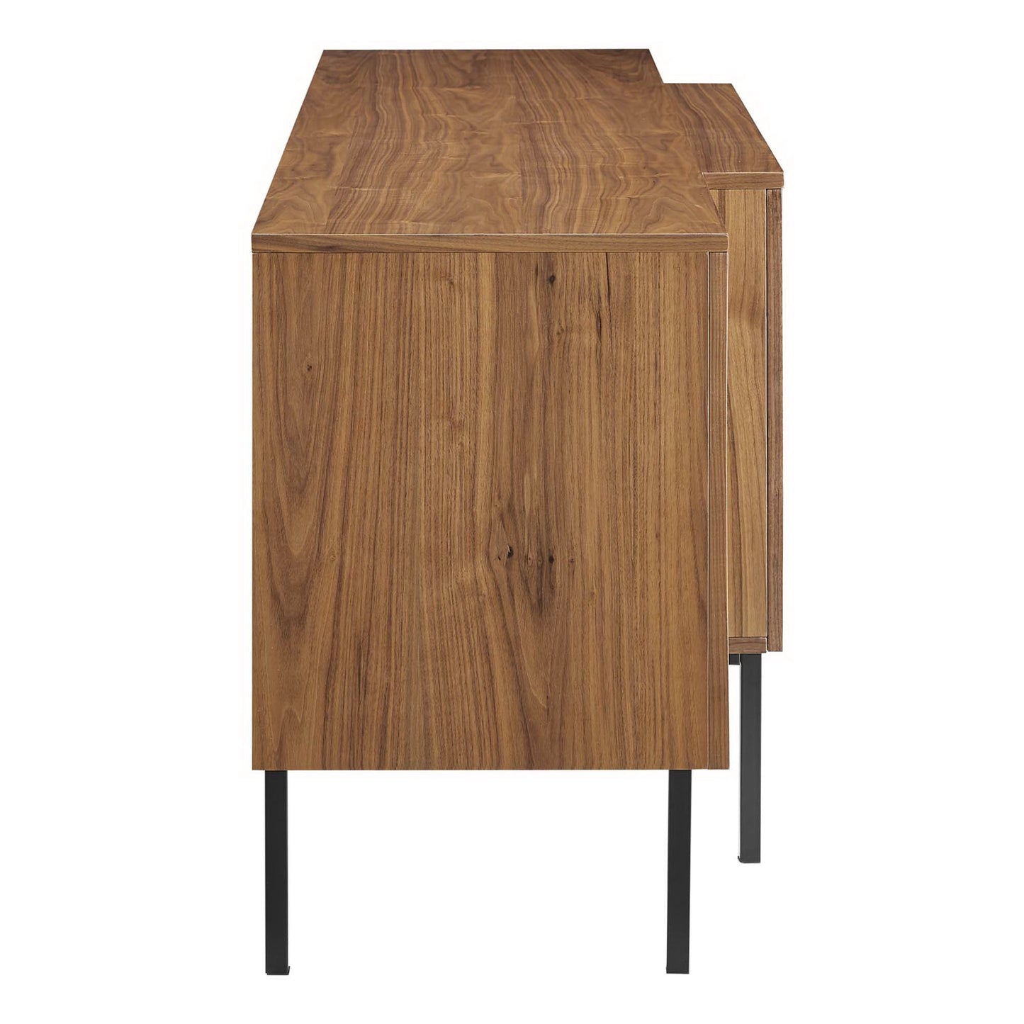 Walnut veneer sideboard on slender black legs; rectangular mid-century modern storage unit.