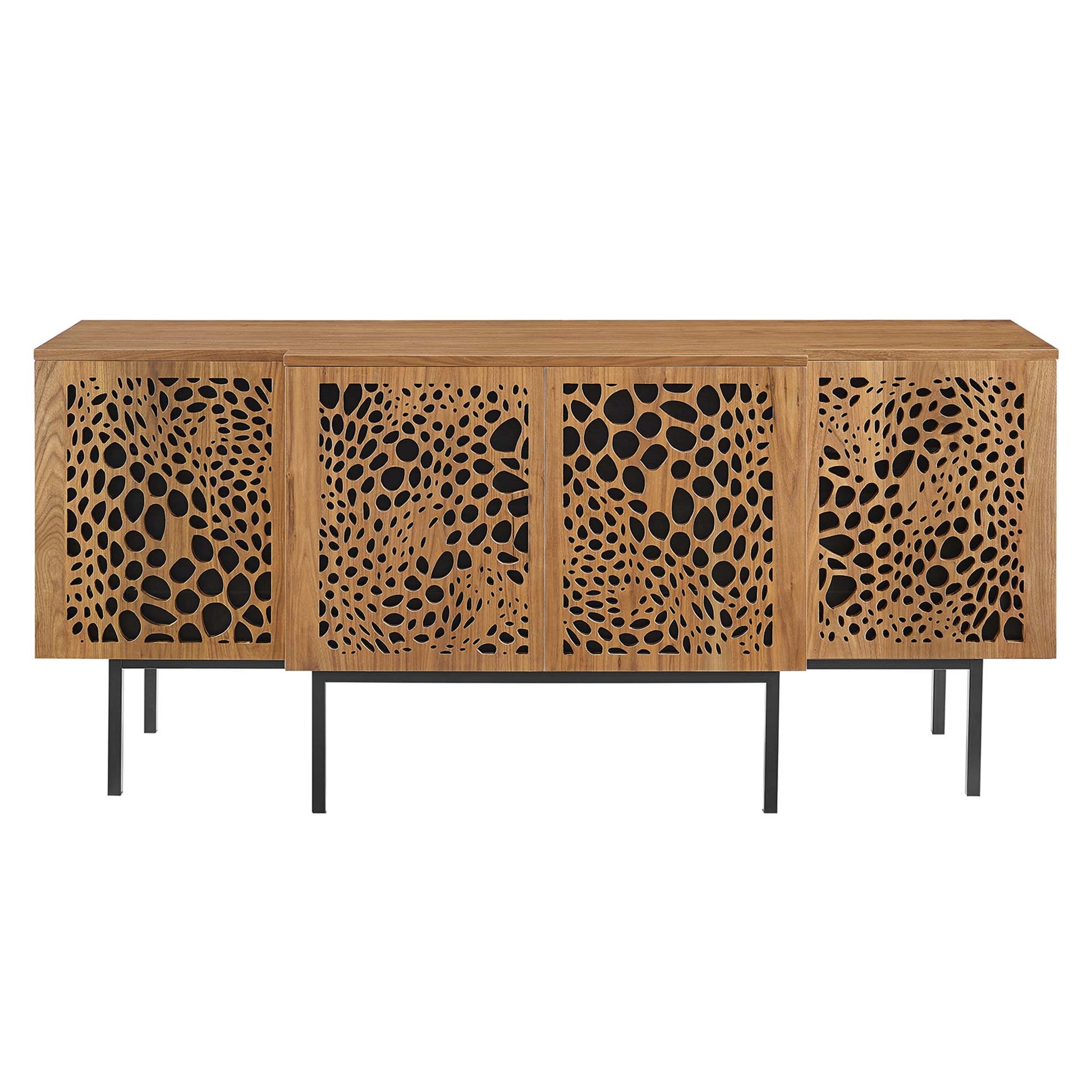 Walnut sideboard with four cabinet doors, organic perforated panels, on slender black metal legs.