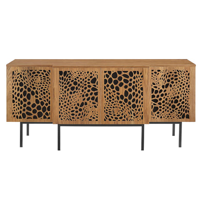 Walnut sideboard with four cabinet doors, organic perforated panels, on slender black metal legs.