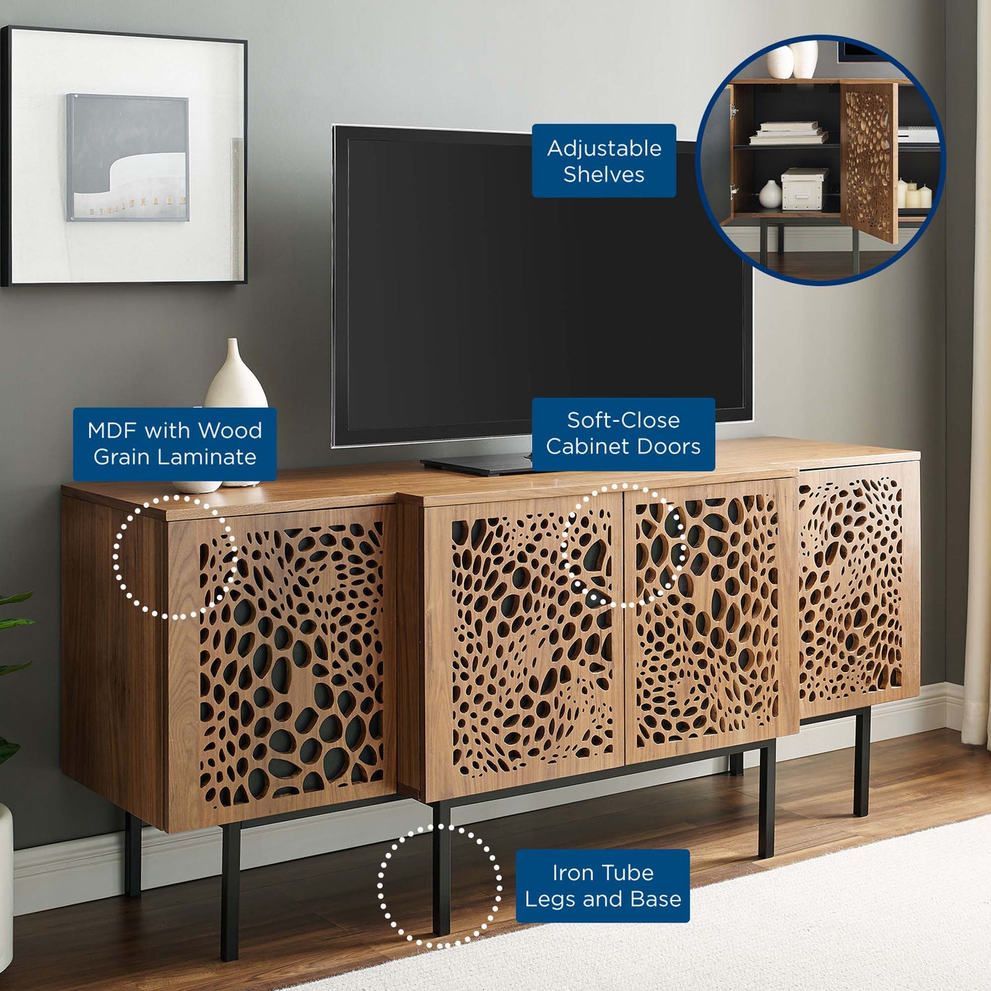Walnut MDF veneer sideboard with circular lattice cabinet doors, adjustable shelves, soft-close doors, and iron tube legs.