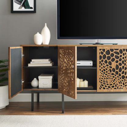 Walnut veneer sideboard with decorative circular perforated doors, black interior, metal legs and storage shelves.