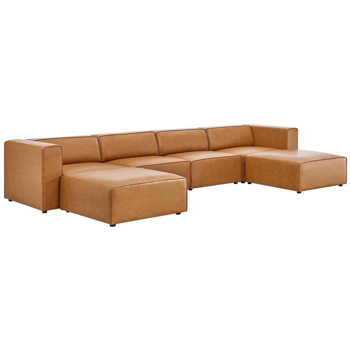 Tan leather modular sectional with low-profile arms, L-shaped with chaise sections for contemporary living room seating.