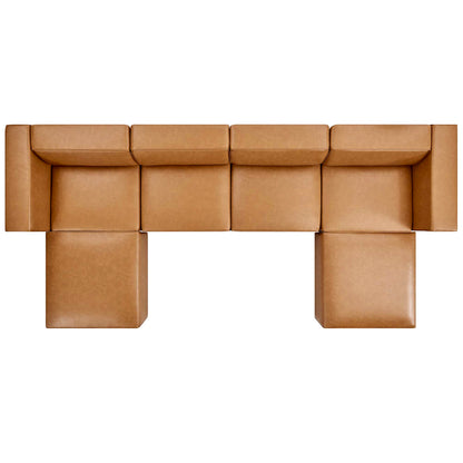 Tan faux leather modular sofa with square cushion blocks forming a straight, modern sectional for living rooms