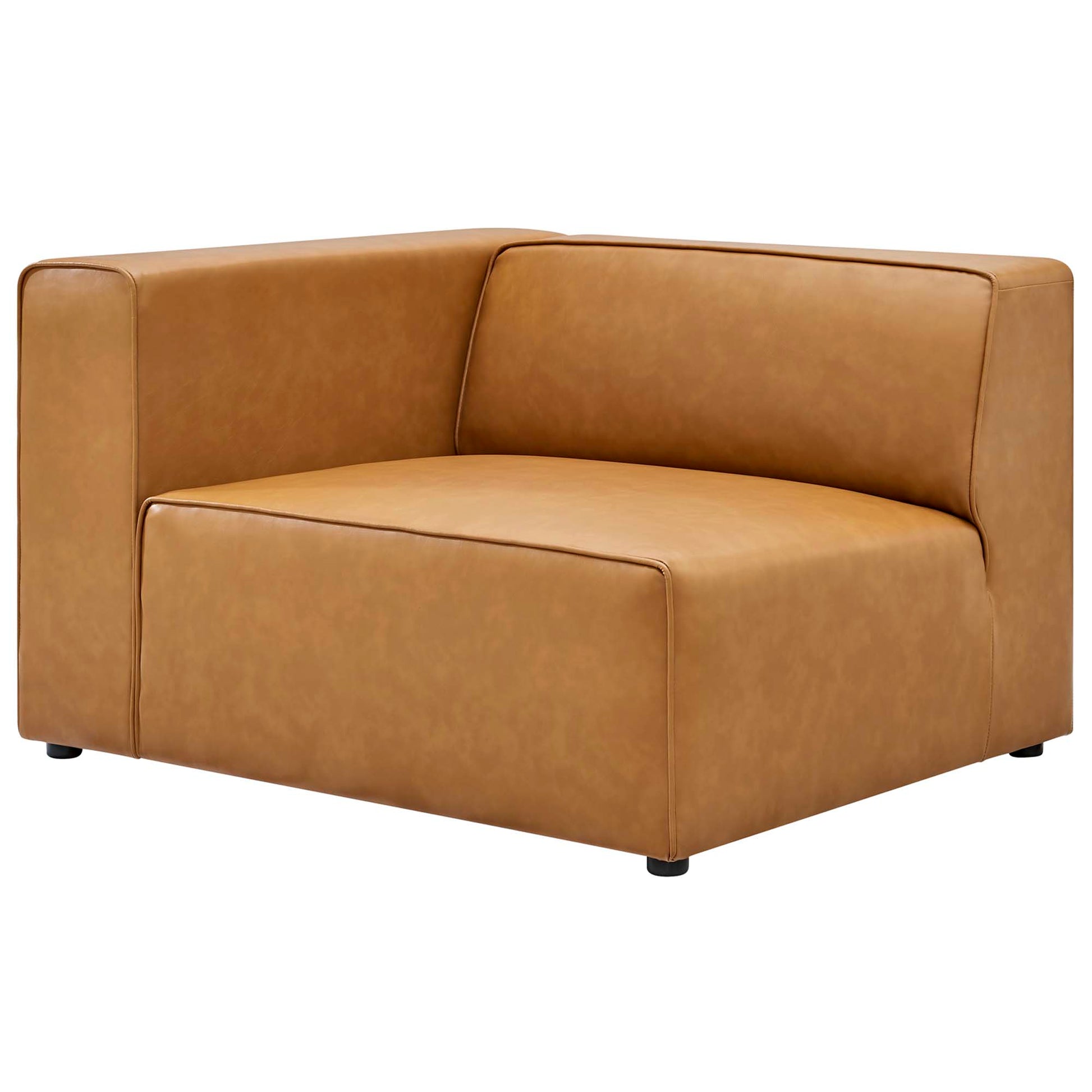 Tan vegan leather sofa with square arms and a long seat cushion, plus two matching ottomans in a modern lounge set.