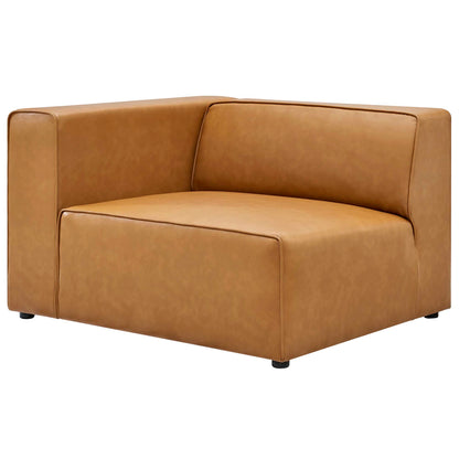 Tan vegan leather sofa with square arms and a long seat cushion, plus two matching ottomans in a modern lounge set.