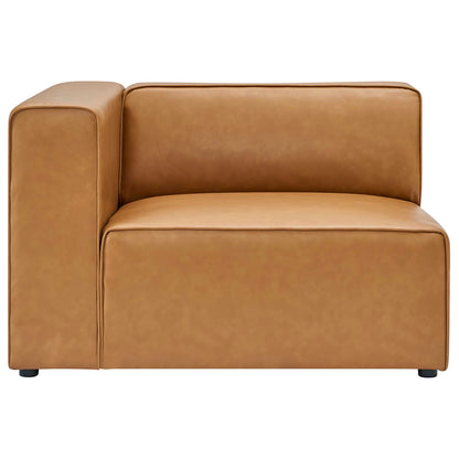Tan leather-look modern sofa with square cushions and low feet, with two matching ottomans.
