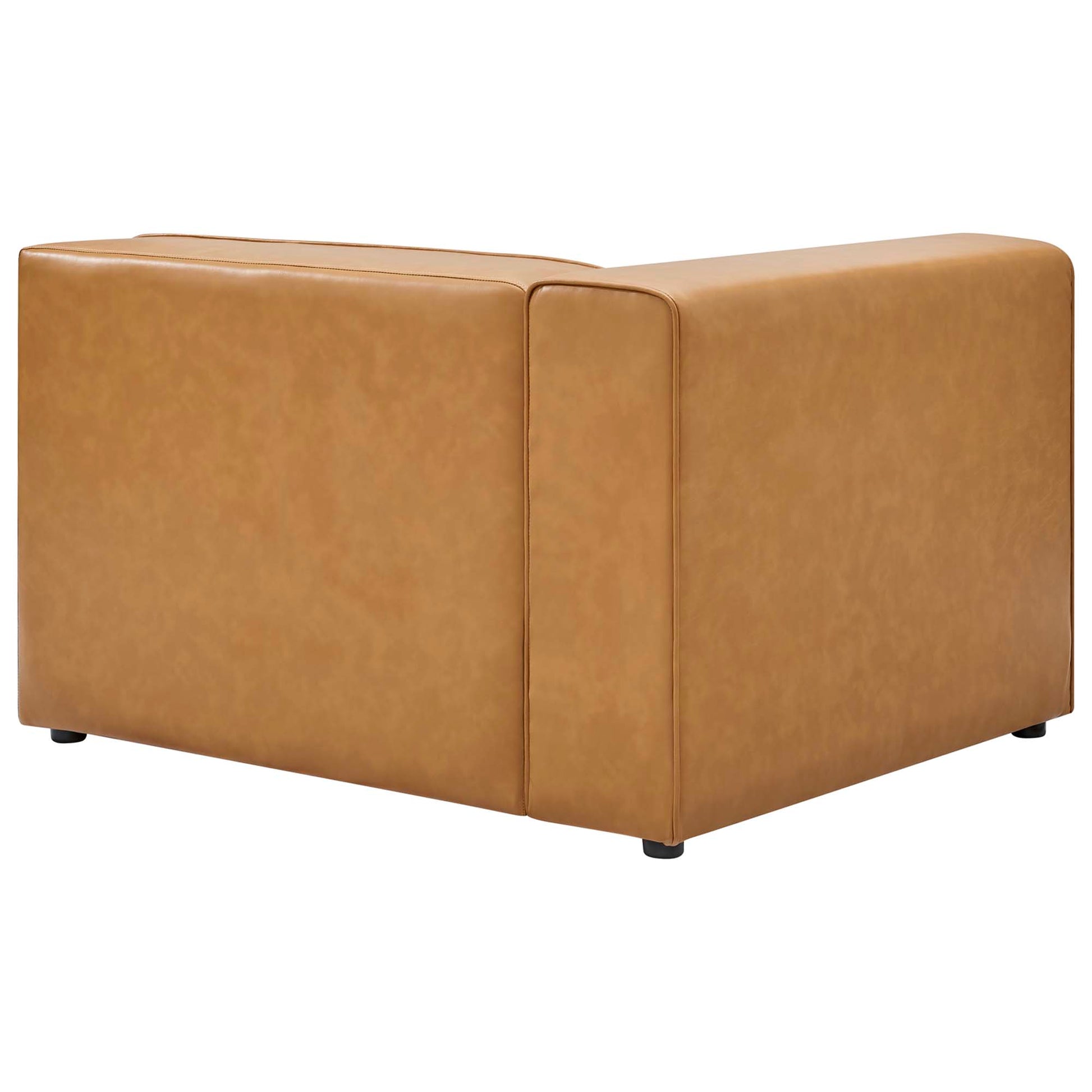 Tan vegan leather cube ottoman with clean edges, subtle stitching, and small black feet, part of a 4-piece sofa and 2 ottomans set.