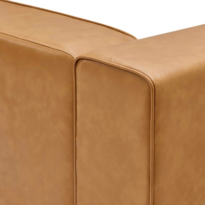 Tan vegan leather sofa arm module with rounded corner, clean stitching, and smooth contemporary upholstery.