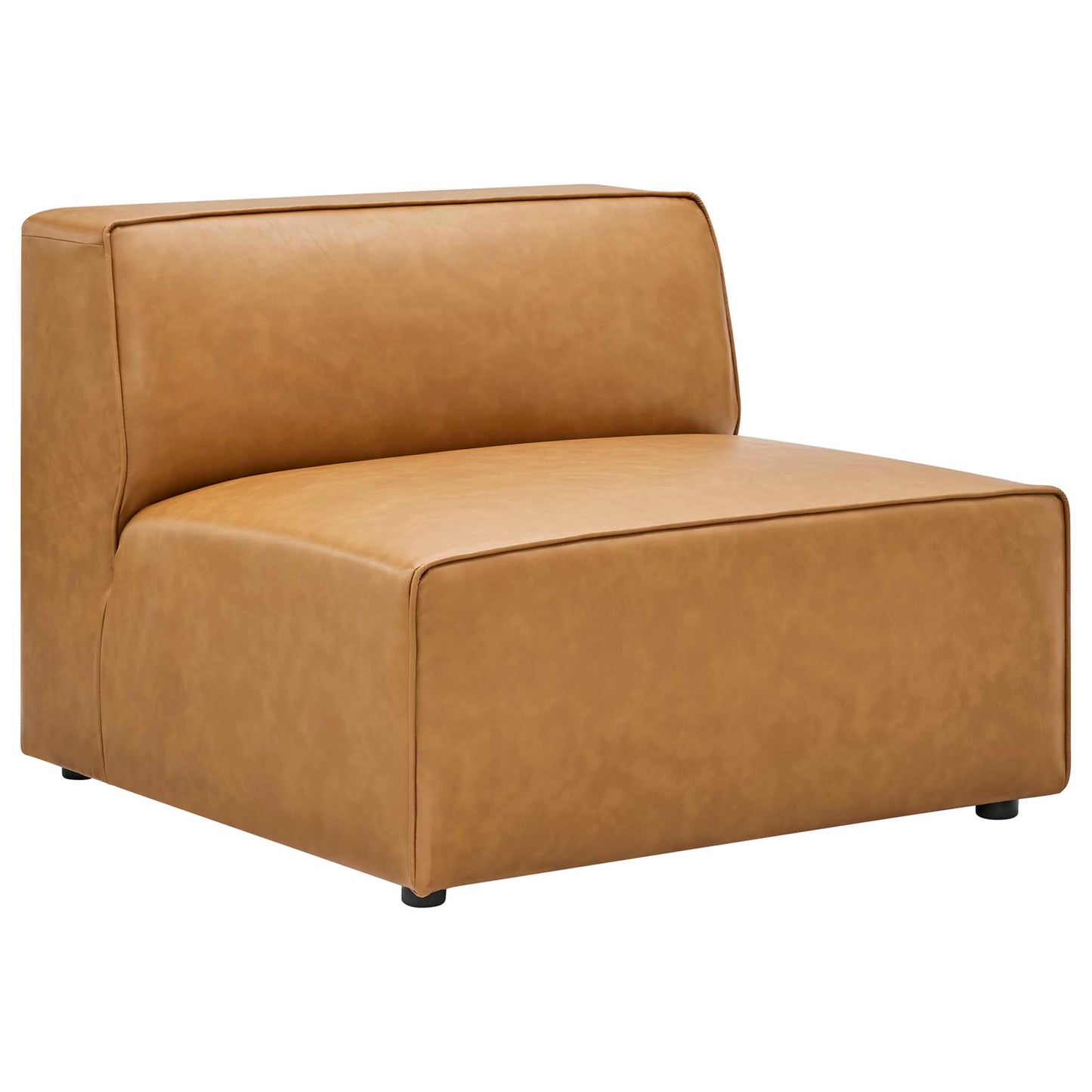 Tan faux leather lounge chair with backrest, square modern cube shape, low-profile with small black feet.