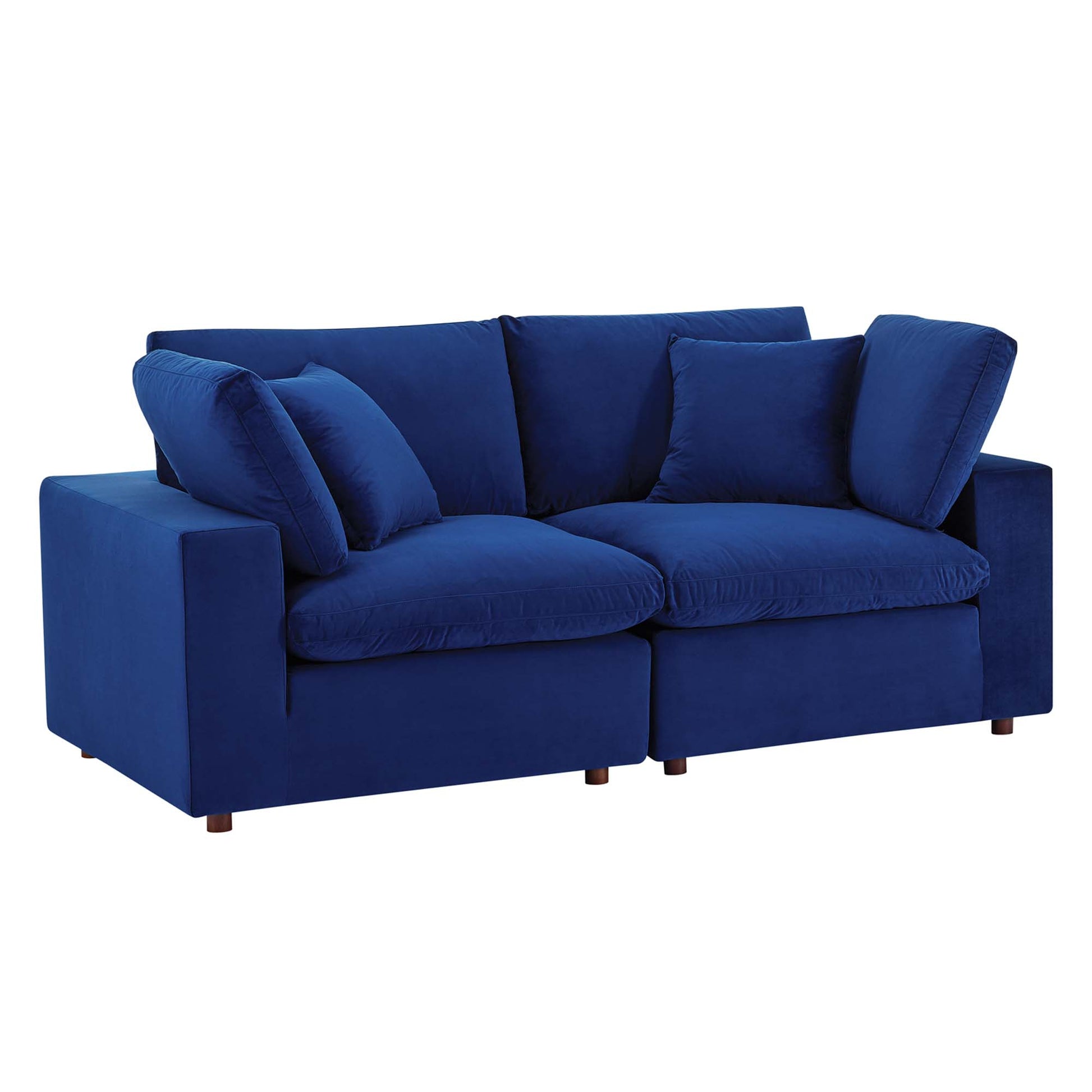 Navy blue velvet loveseat with plush cushions, square arms, two-seat modular design and wooden feet.