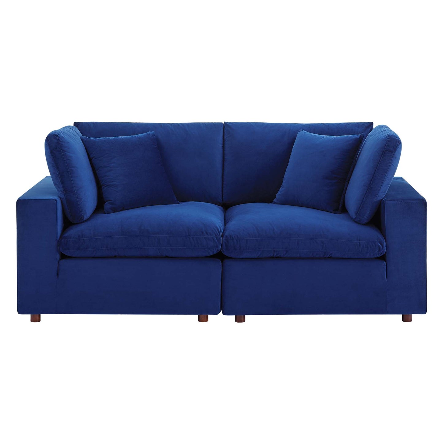 Navy velvet loveseat with plush cushions, square arms, and wooden legs.