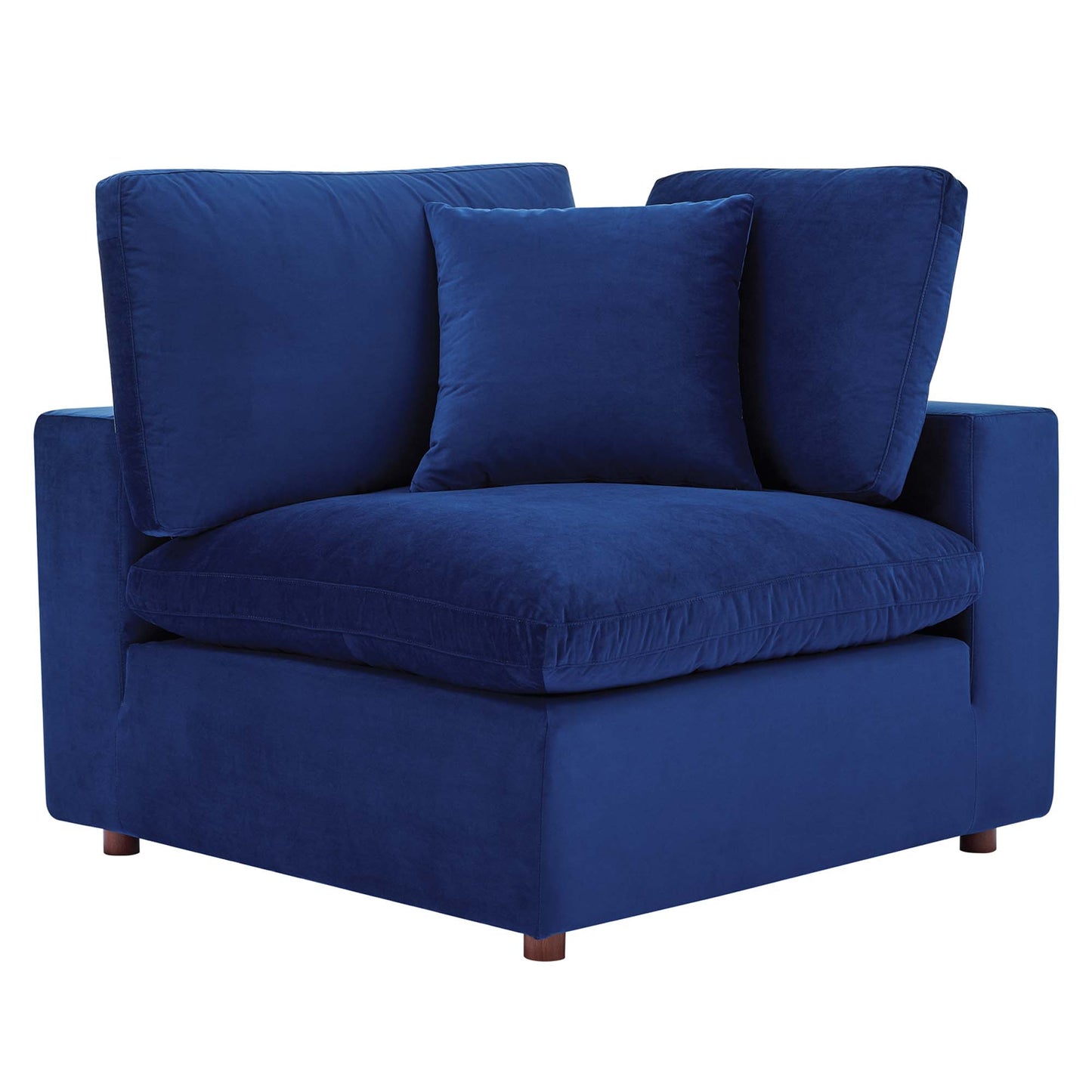Navy blue performance velvet loveseat with down-filled, overstuffed cushions and wooden legs.