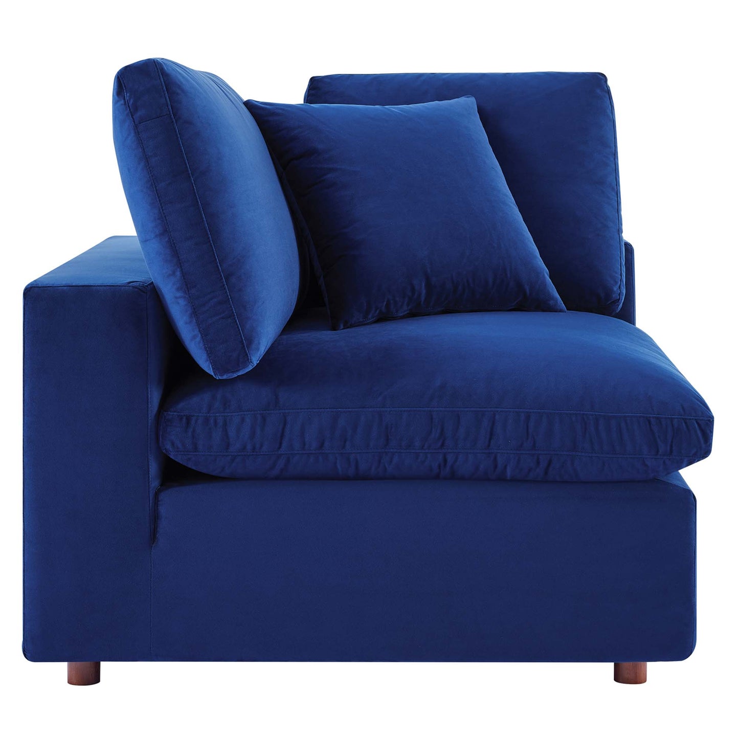 Navy blue velvet loveseat with a thick seat cushion, square arms, and two back cushions.