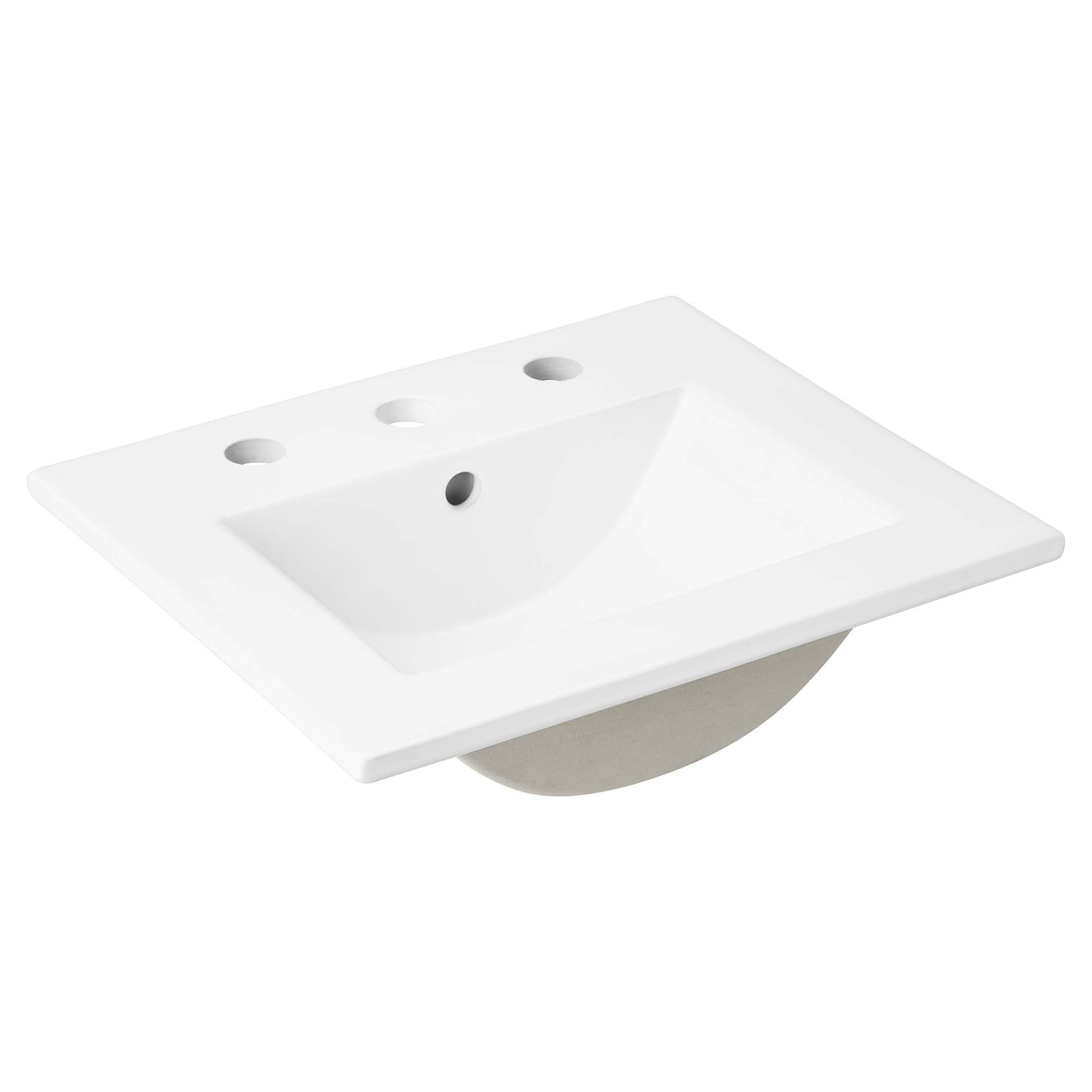 Black 18" bathroom vanity cabinet with a white rectangular sink and three faucet holes.