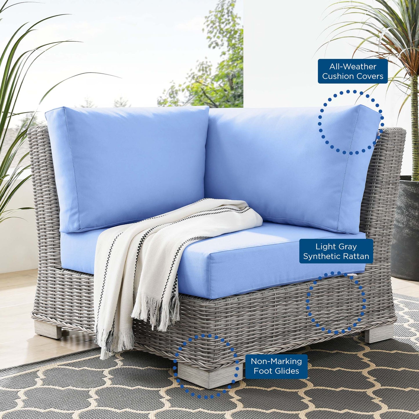 Modway Outlet Conway Outdoor Patio Wicker Rattan Corner Chair by Modway  Outdoor Furniture Furniture Light Gray Light Blue - EEI-4838-LGR-LBU