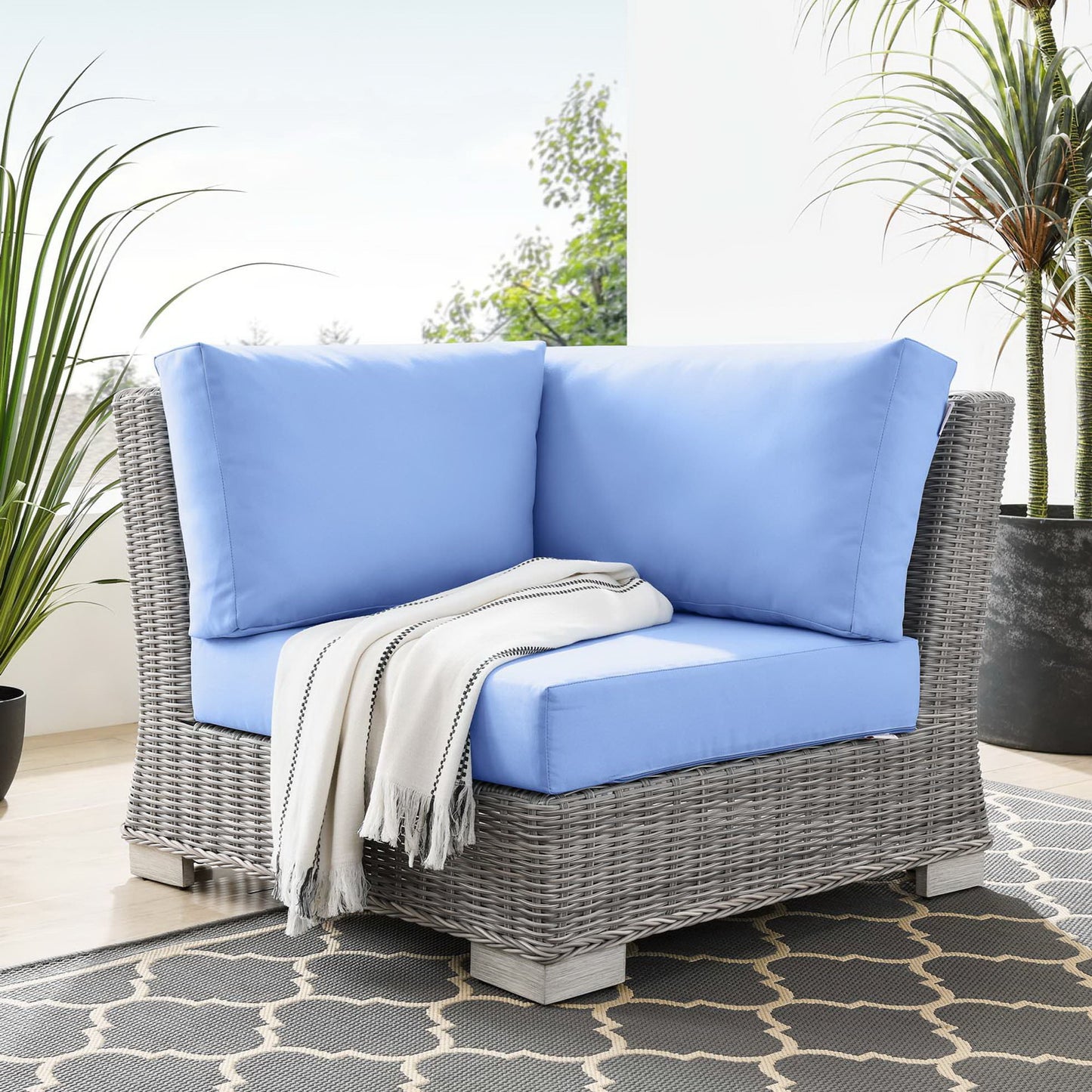 Modway Outlet Conway Outdoor Patio Wicker Rattan Corner Chair by Modway  Outdoor Furniture Furniture Light Gray Light Blue - EEI-4838-LGR-LBU
