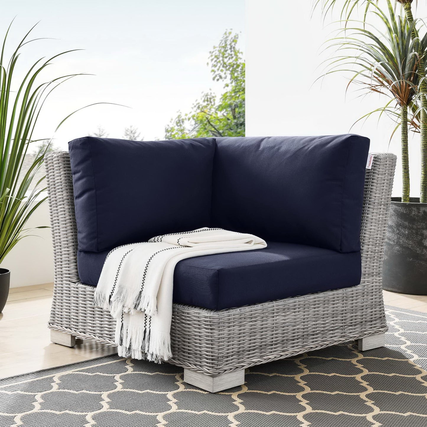 Modway Outlet Conway Outdoor Patio Wicker Rattan Corner Chair by Modway  Outdoor Furniture Furniture Light Gray Navy - EEI-4838-LGR-NAV