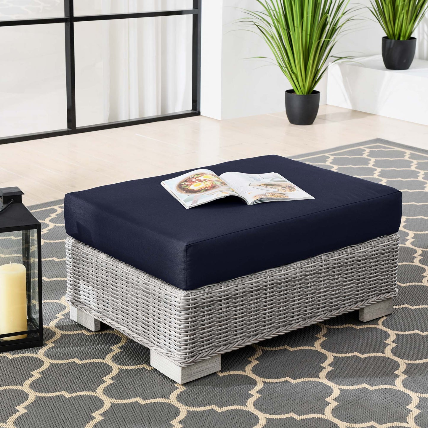 Modway Outlet Conway Outdoor Patio Wicker Rattan Ottoman by Modway  Outdoor Furniture Furniture Light Gray Navy - EEI-4839-LGR-NAV