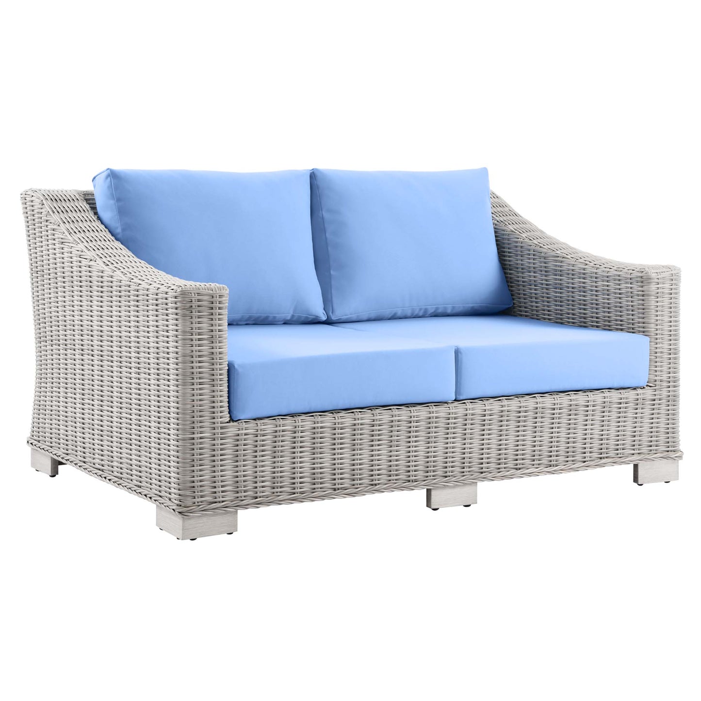 Gray wicker outdoor loveseat with light blue cushions, two-seat sofa with curved arms.