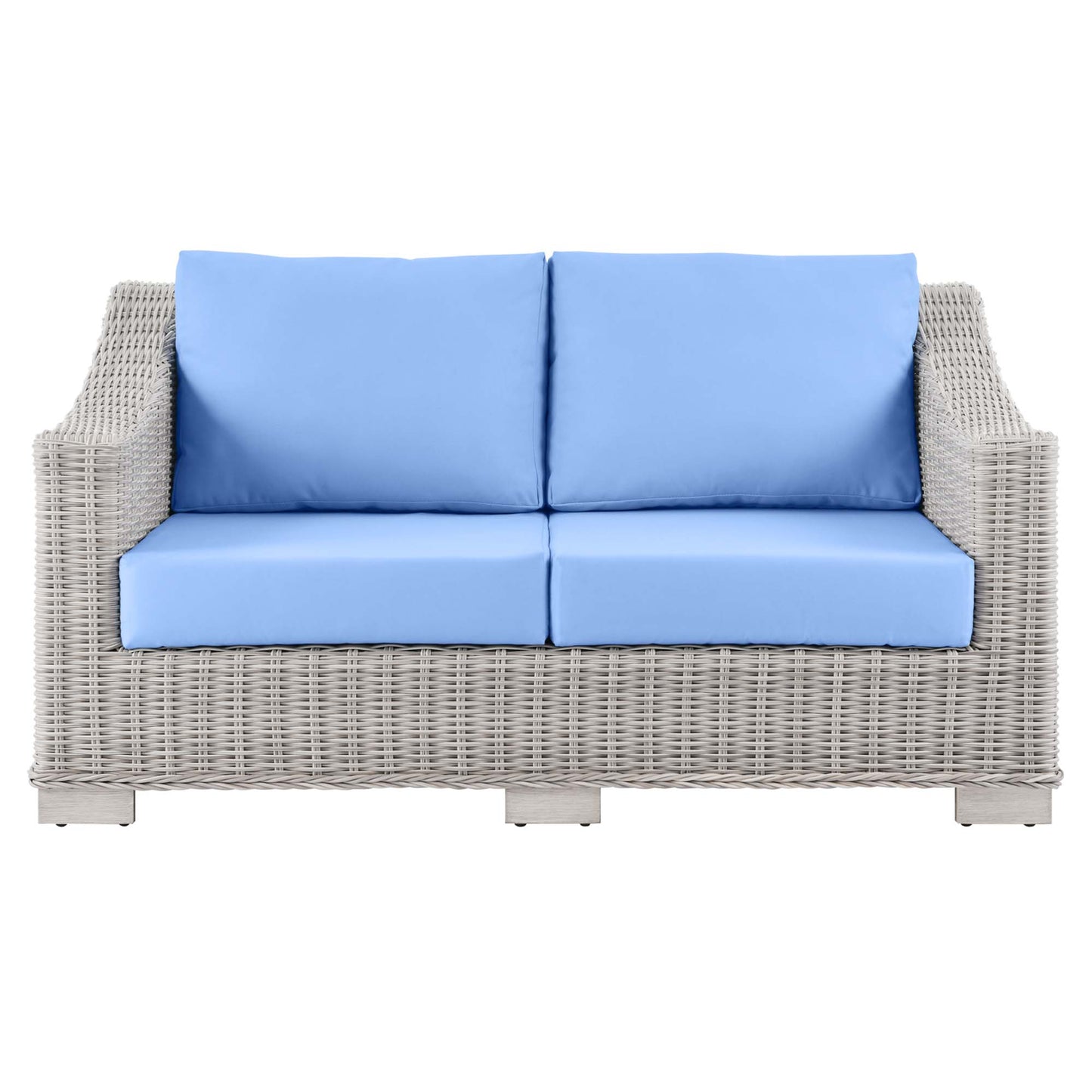 Beige woven rattan outdoor 2-seat sofa with sky-blue cushions and back pillows