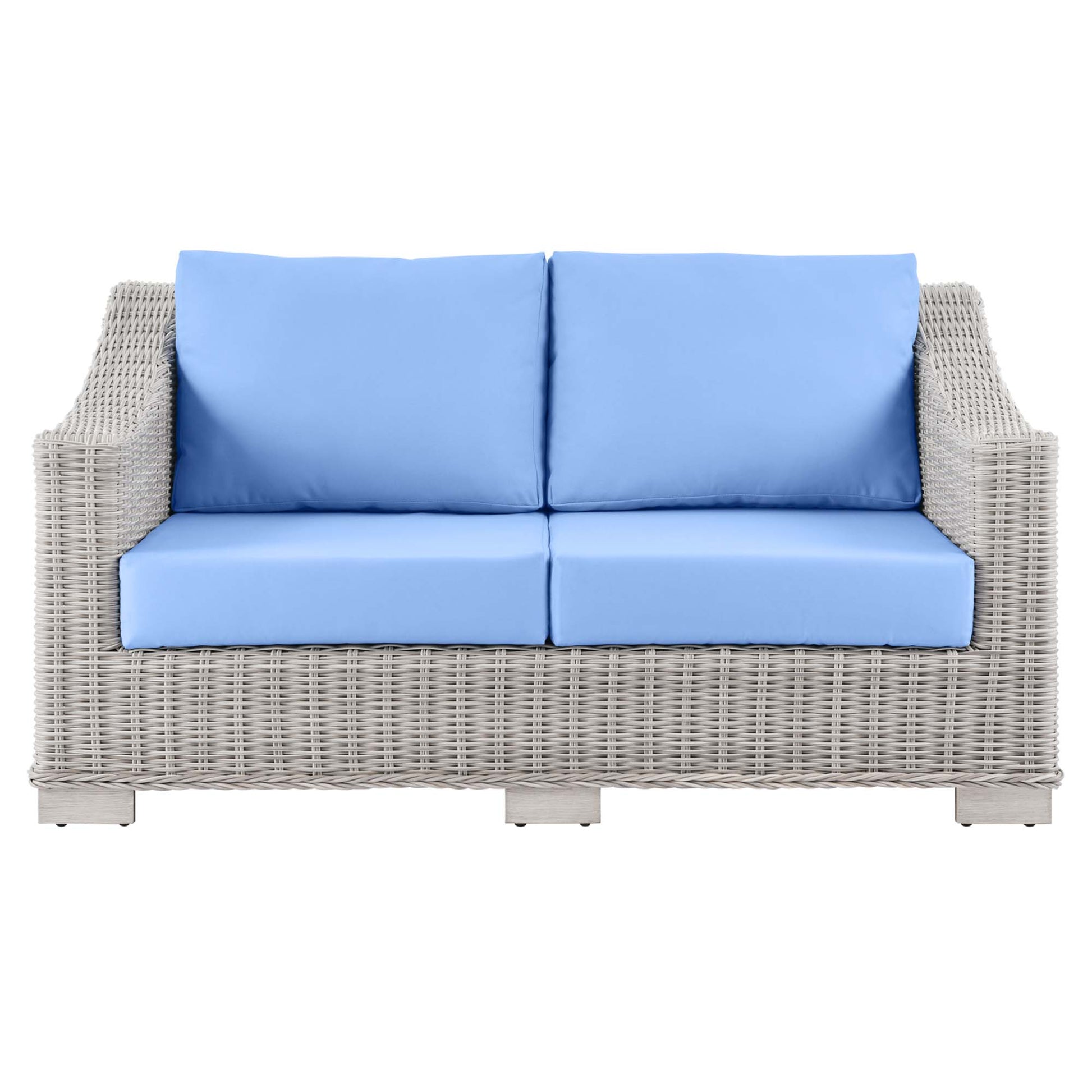 Beige woven rattan outdoor 2-seat sofa with sky-blue cushions and back pillows