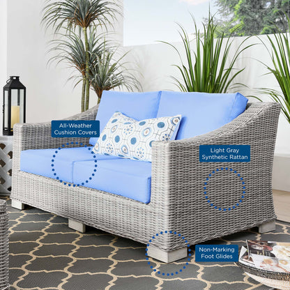 Light gray synthetic rattan loveseat with sky-blue cushions and a patterned throw pillow for outdoor patio use.