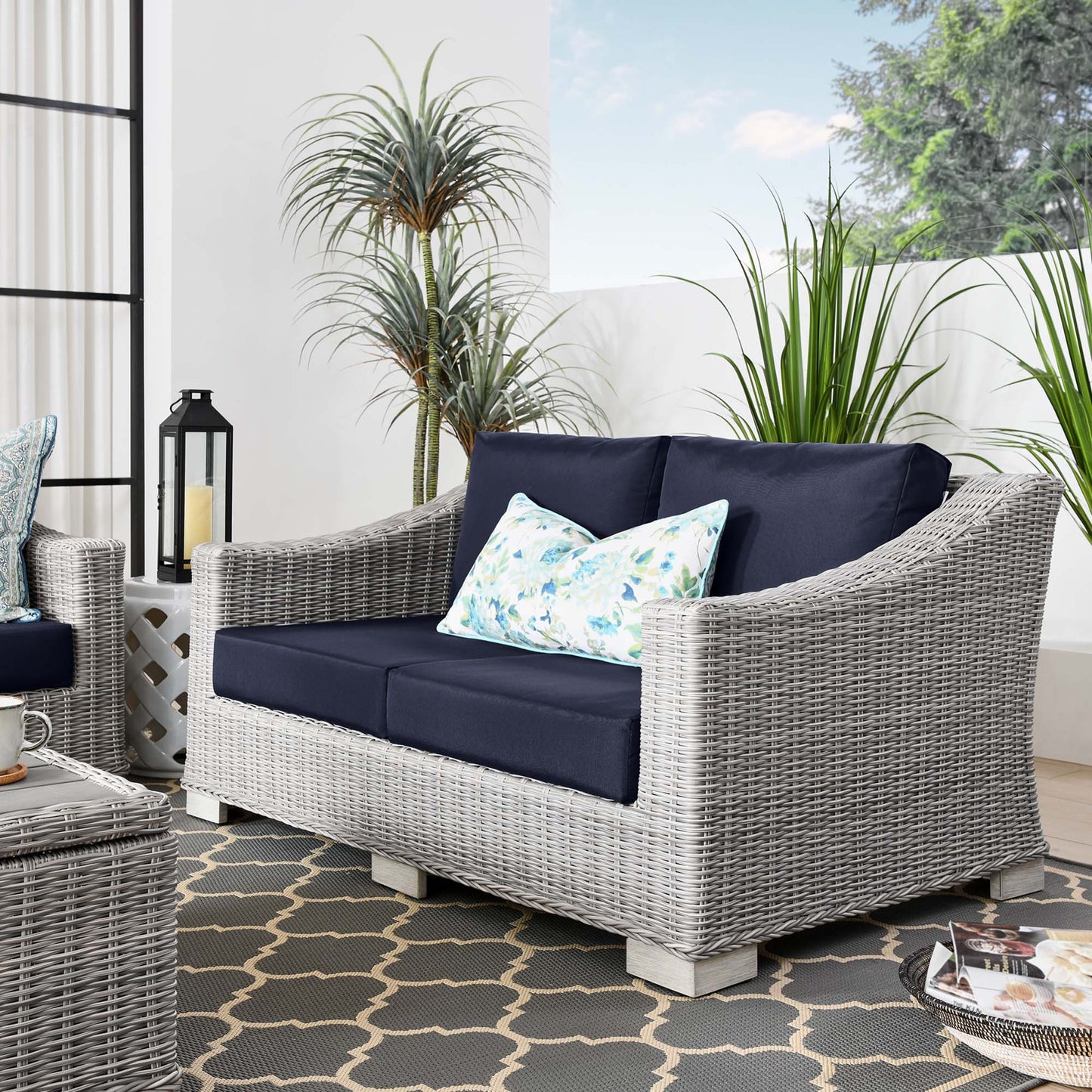 Modway - Conway Outdoor Patio Wicker Rattan Loveseat by Modway  Outdoor Furniture Sofa Sectionals Blue - EEI-4841-LGR-NAV