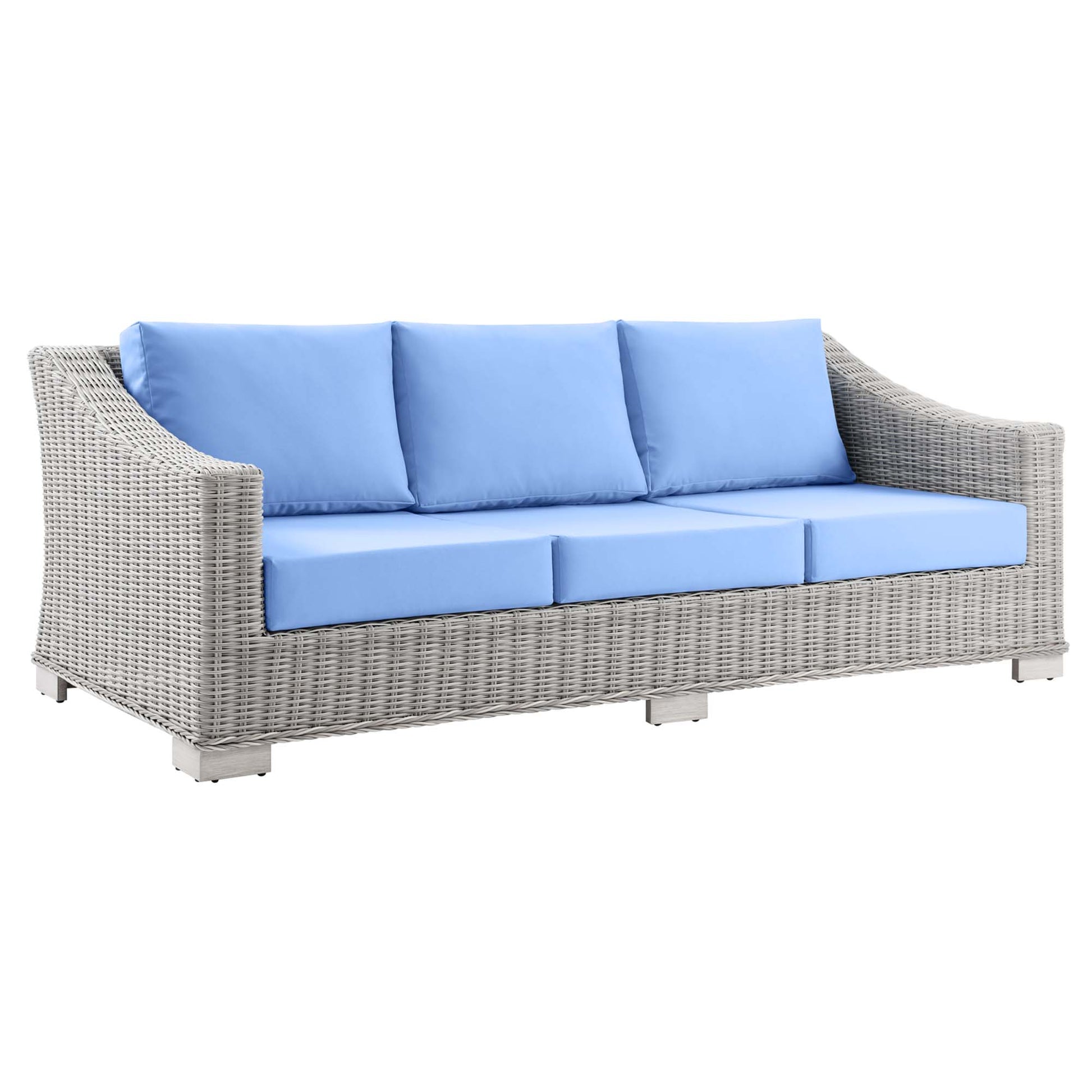 Gray wicker outdoor sofa with light blue cushions, curved arms, three-seat design for patio lounging.