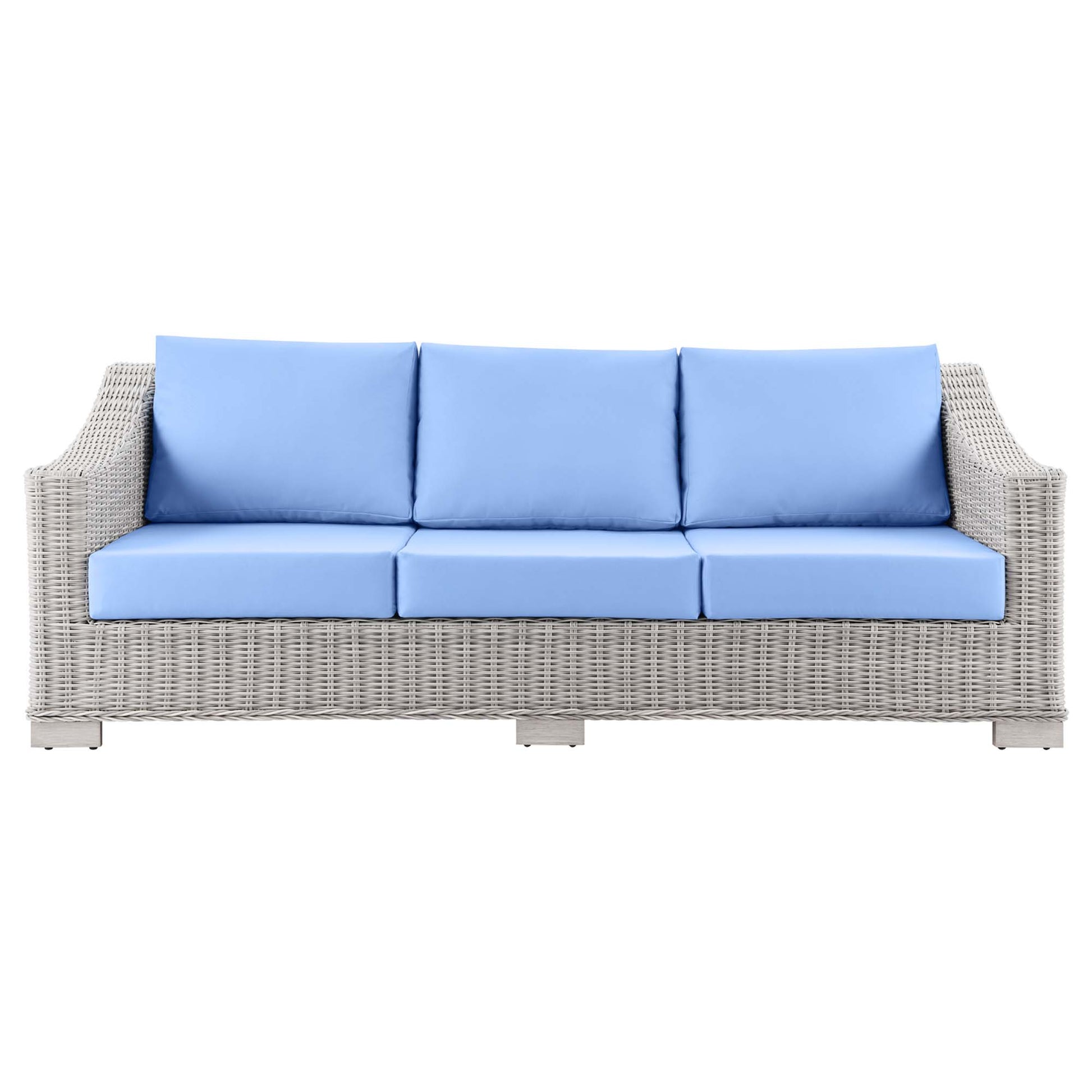 Light gray wicker outdoor sofa with sky-blue cushions, three-seat patio seating.
