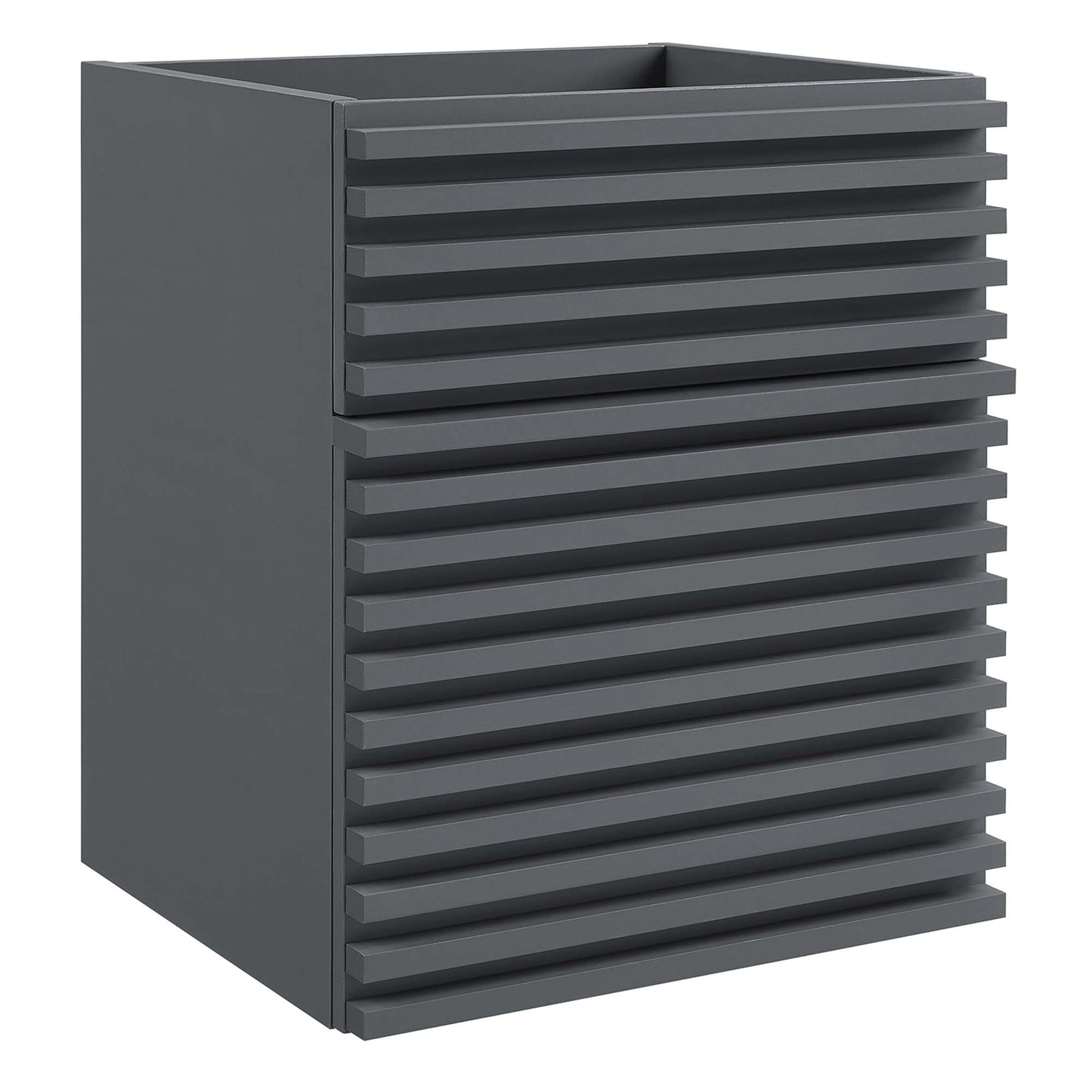 Gray 18-inch wall-mount bathroom vanity cabinet with horizontal slatted front; sink basin not included.