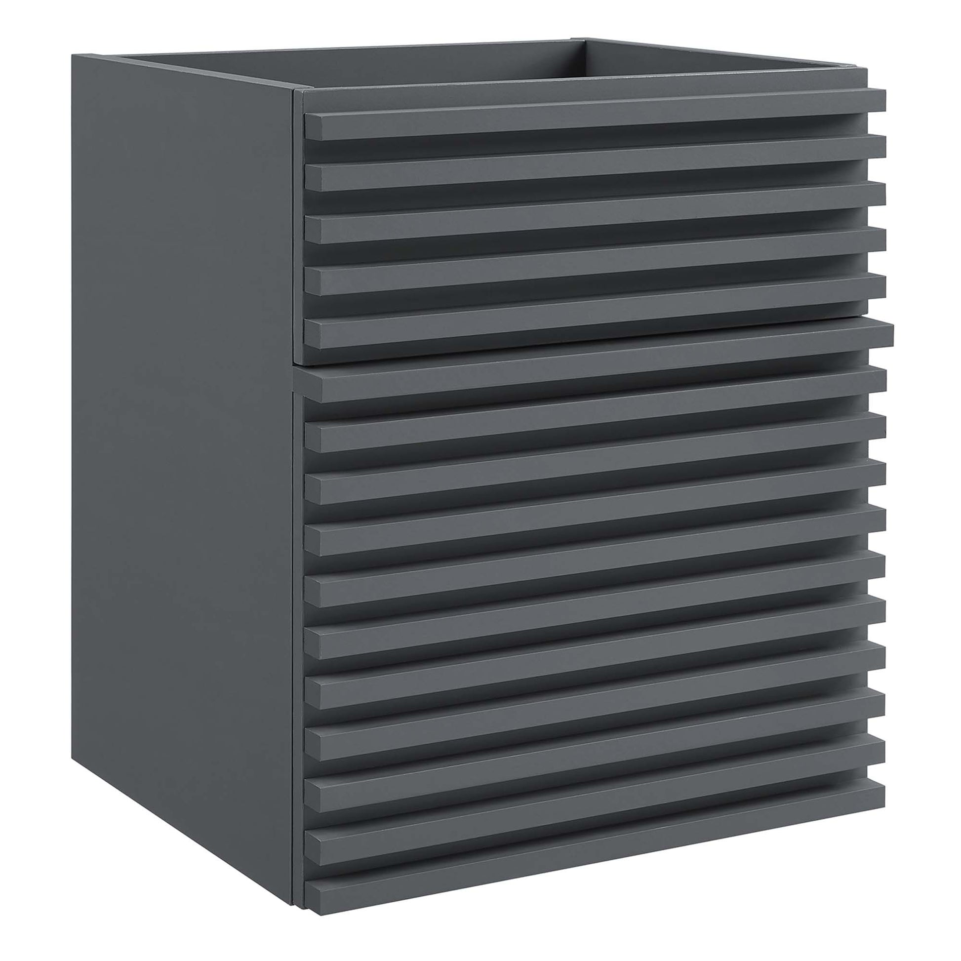 Gray 18-inch wall-mount bathroom vanity cabinet with horizontal slatted front; sink basin not included.
