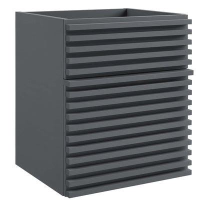 Gray 18-inch wall-mount bathroom vanity cabinet with horizontal slatted front; sink basin not included.