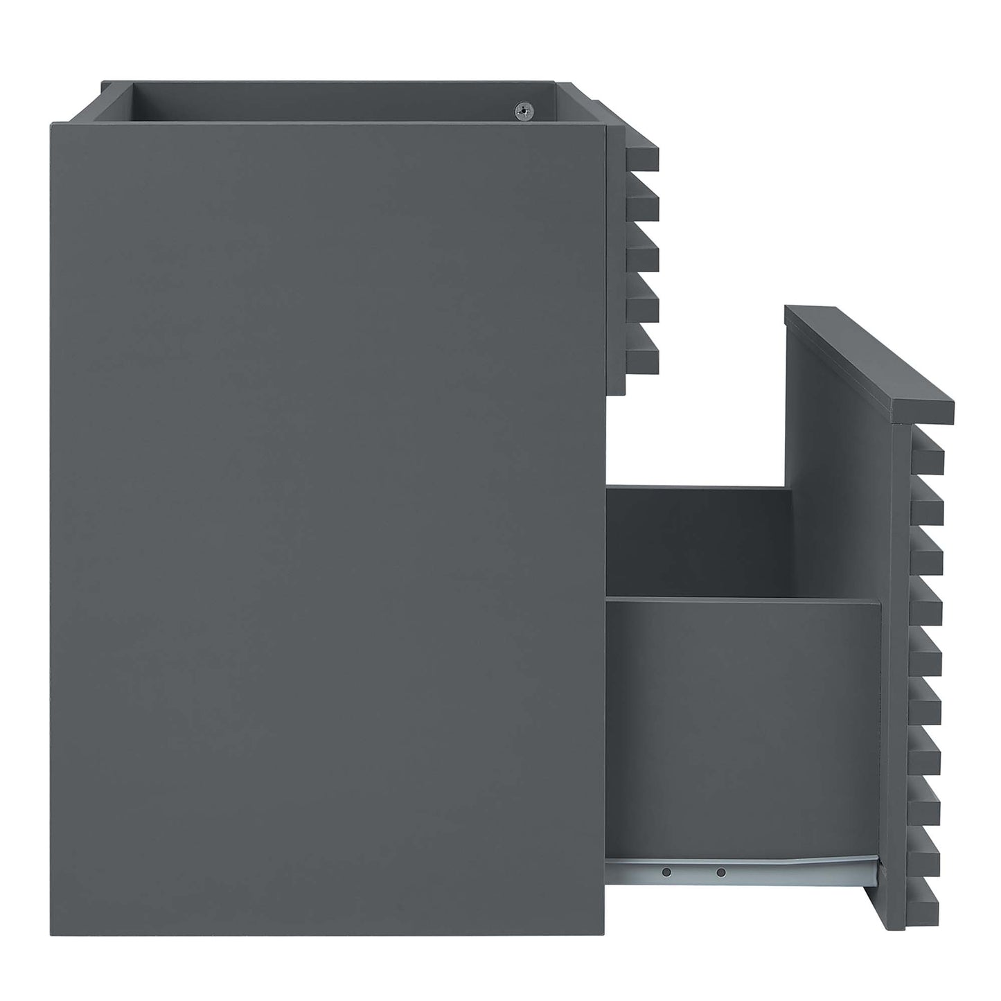 Gray wall-mount bathroom vanity cabinet with comb-style serrated side panels and a pull-out drawer; sink basin not included.