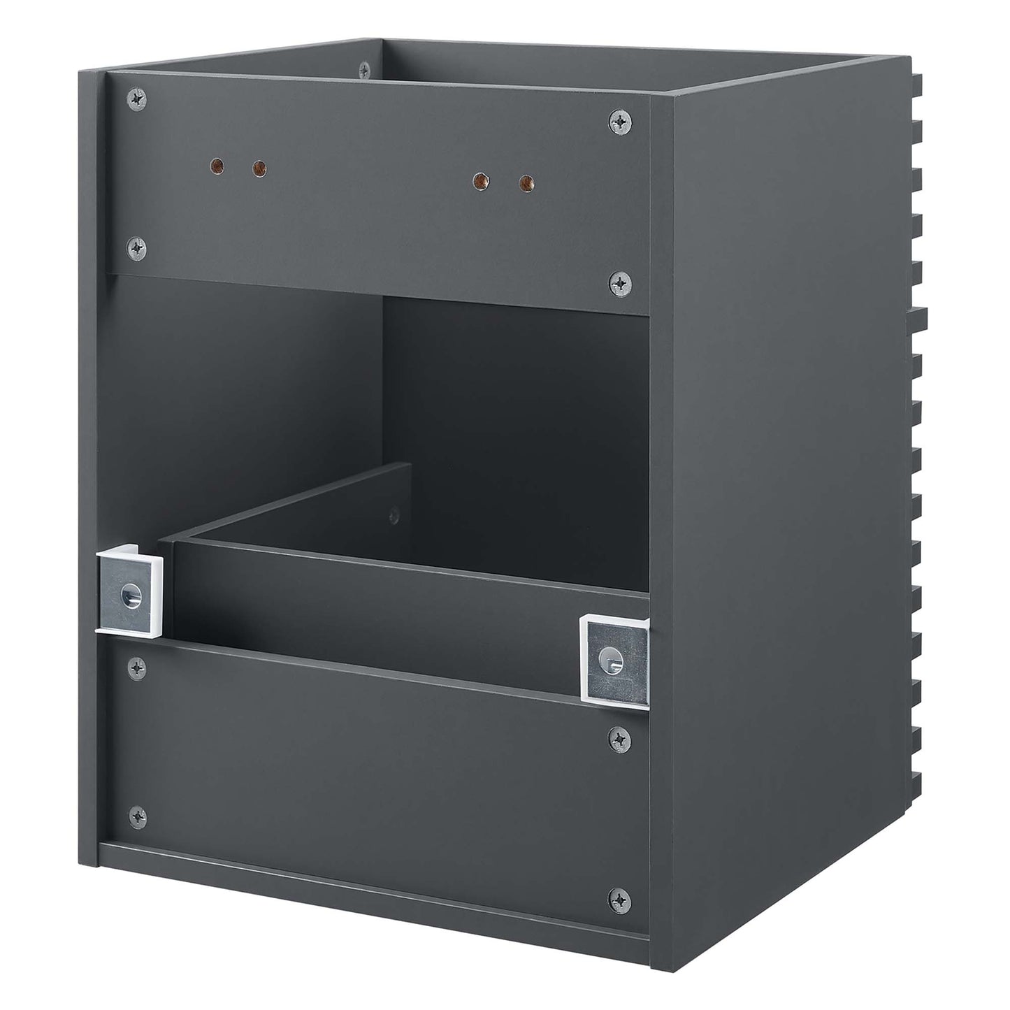 Gray steel electrical enclosure with open front, inner divider shelf, visible screws, and side latches.