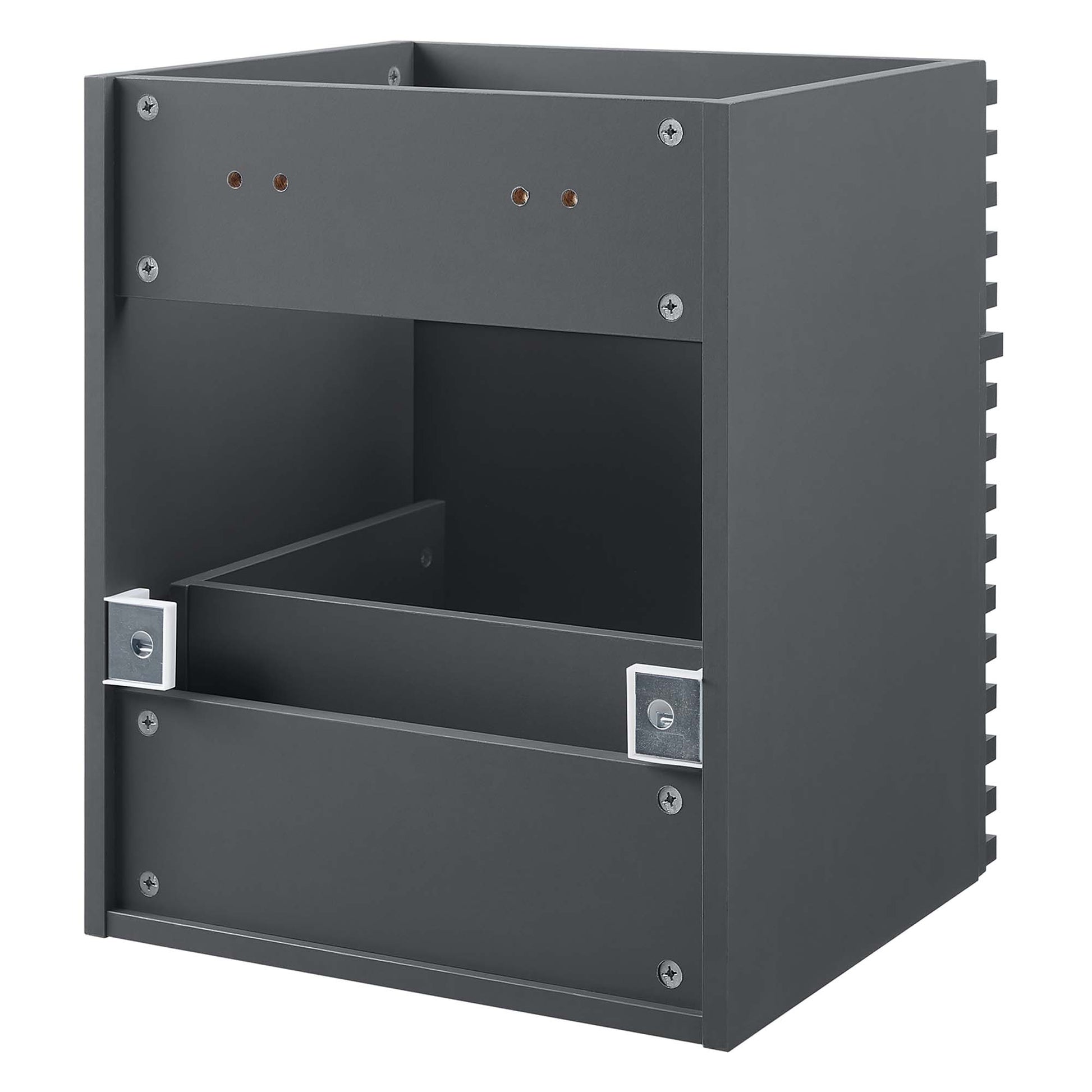 Gray steel electrical enclosure with open front, inner divider shelf, visible screws, and side latches.