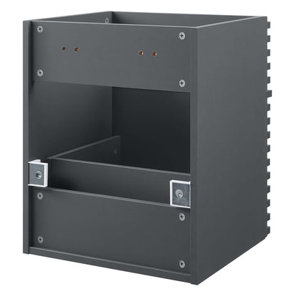 Gray steel electrical enclosure with open front, inner divider shelf, visible screws, and side latches.