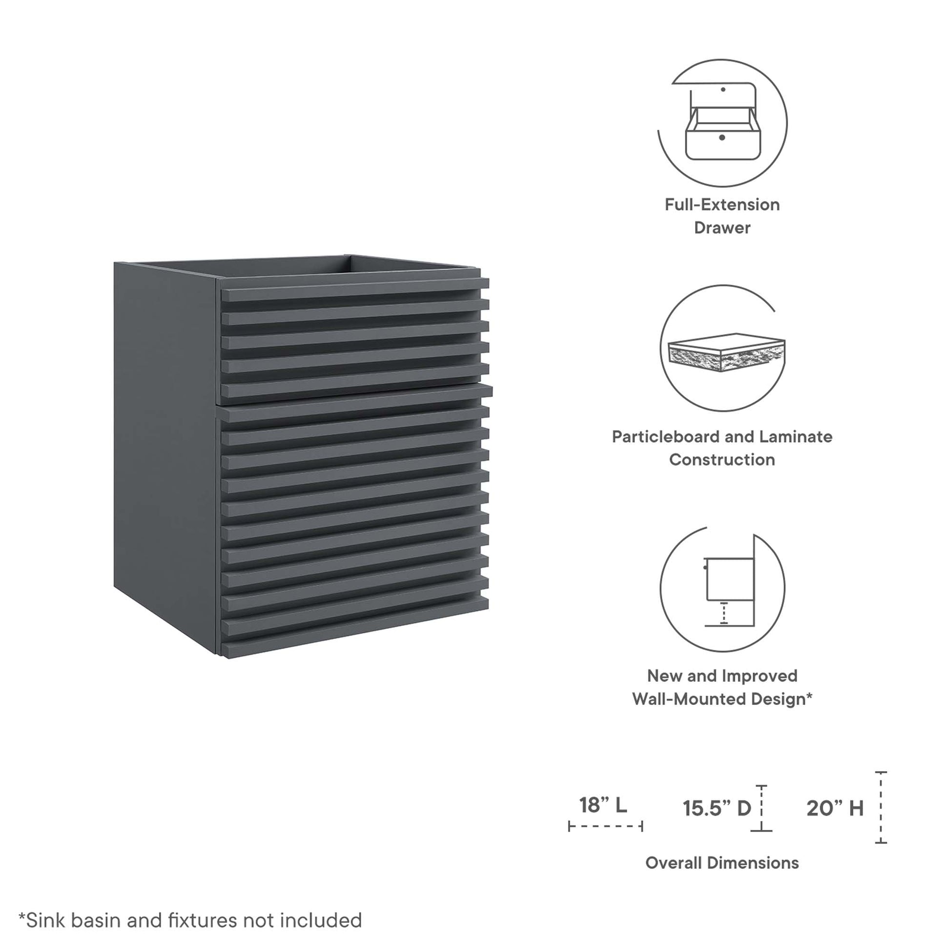 Grey rectangular cabinet with ribbed slatted front; wall-mounted, particleboard & laminate; 18L x 15.5D x 20H.