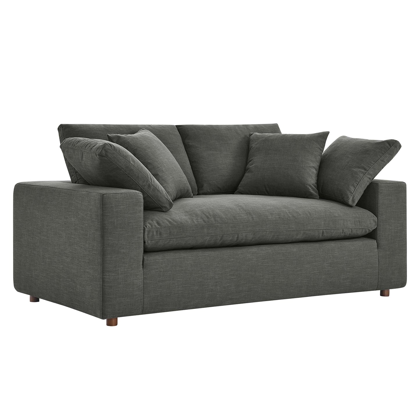Charcoal grey fabric loveseat with boxy arms and plush back cushions for modern living room seating.