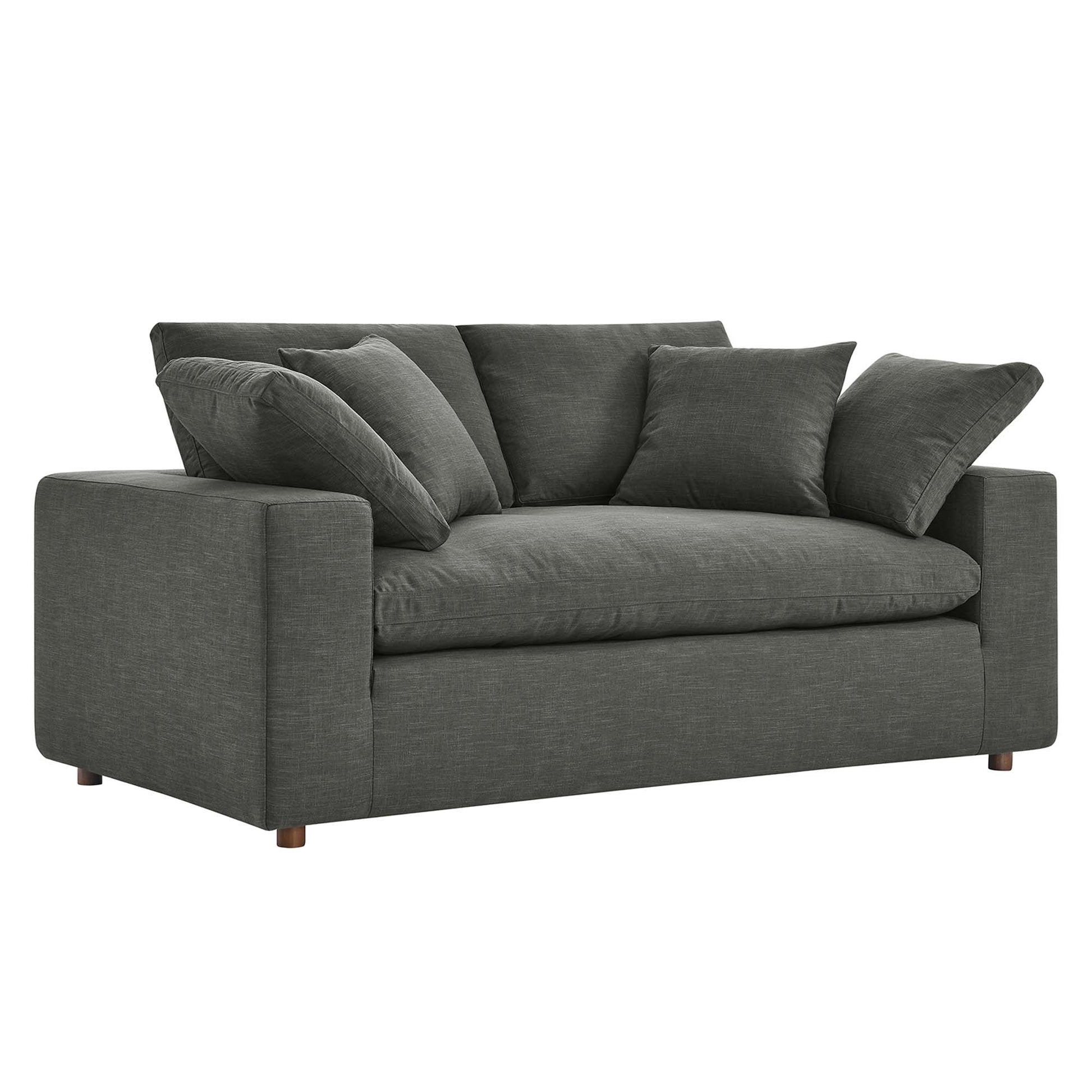 Charcoal grey fabric loveseat with boxy arms and plush back cushions for modern living room seating.