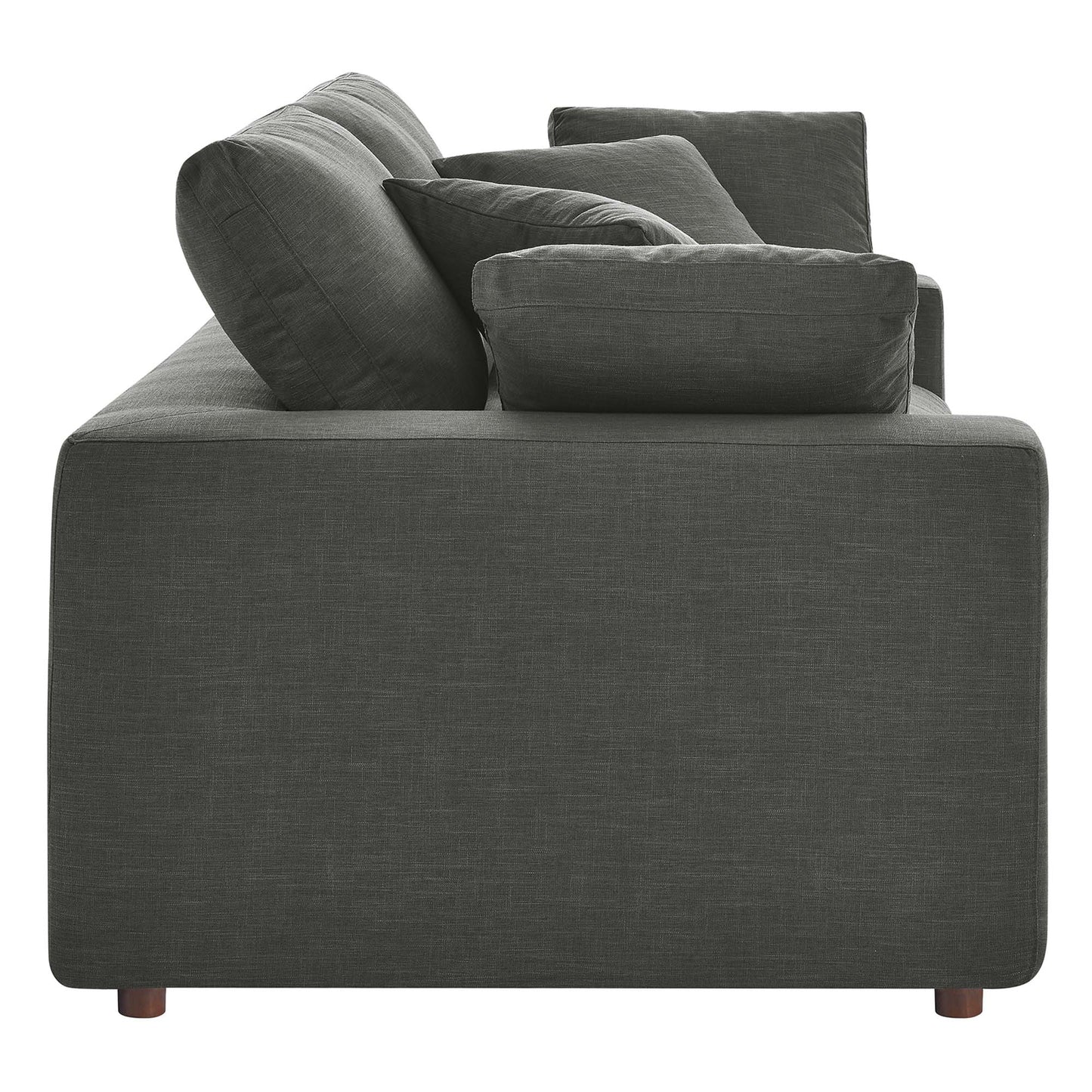 Gray textured fabric loveseat with chunky cushions, boxy arms, and short wooden legs.