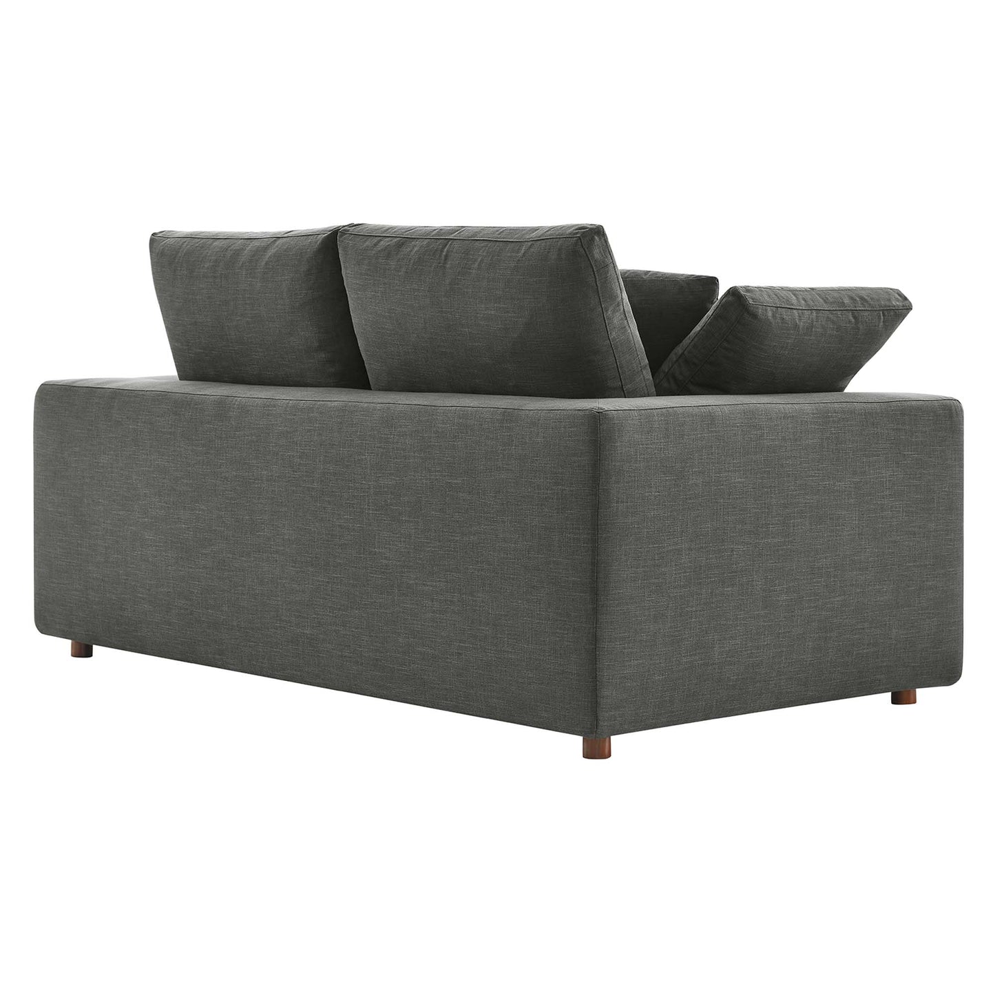 Gray textured fabric loveseat with square arms, two back cushions and a matching throw pillow, wooden feet.