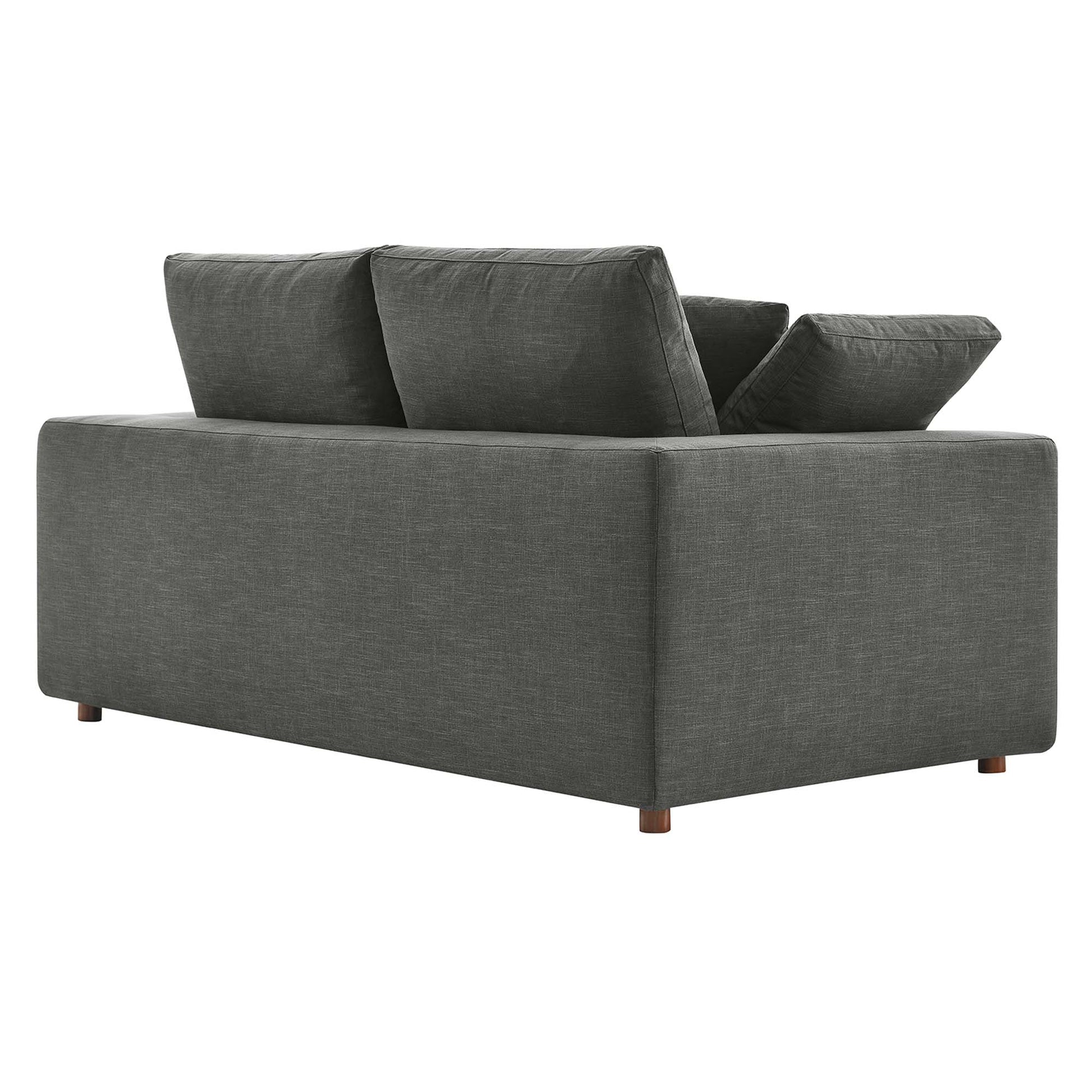 Gray textured fabric loveseat with square arms, two back cushions and a matching throw pillow, wooden feet.