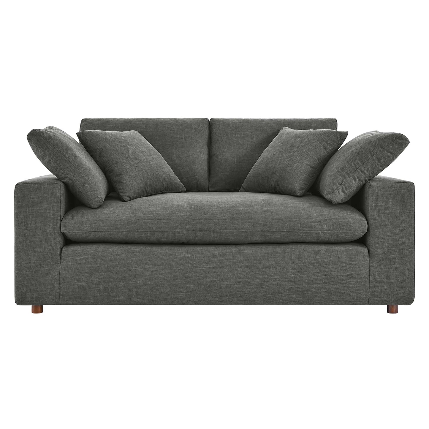 Gray fabric loveseat with square arms, loose back cushions & matching pillows, wooden legs.