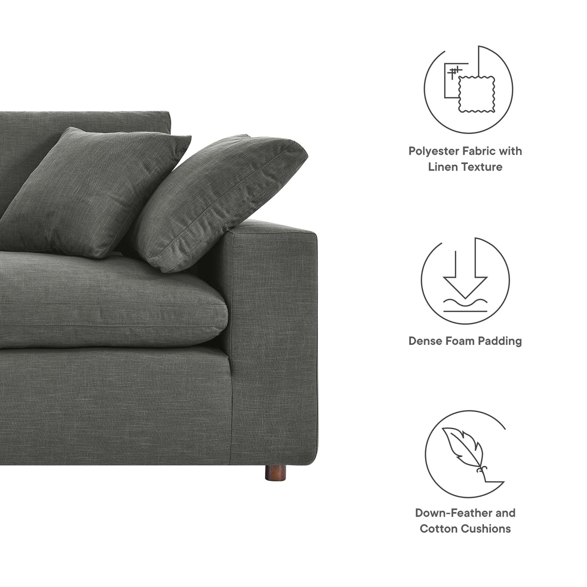 Dark gray overstuffed loveseat with linen-textured polyester fabric, dense foam padding, and down-filled cushions.