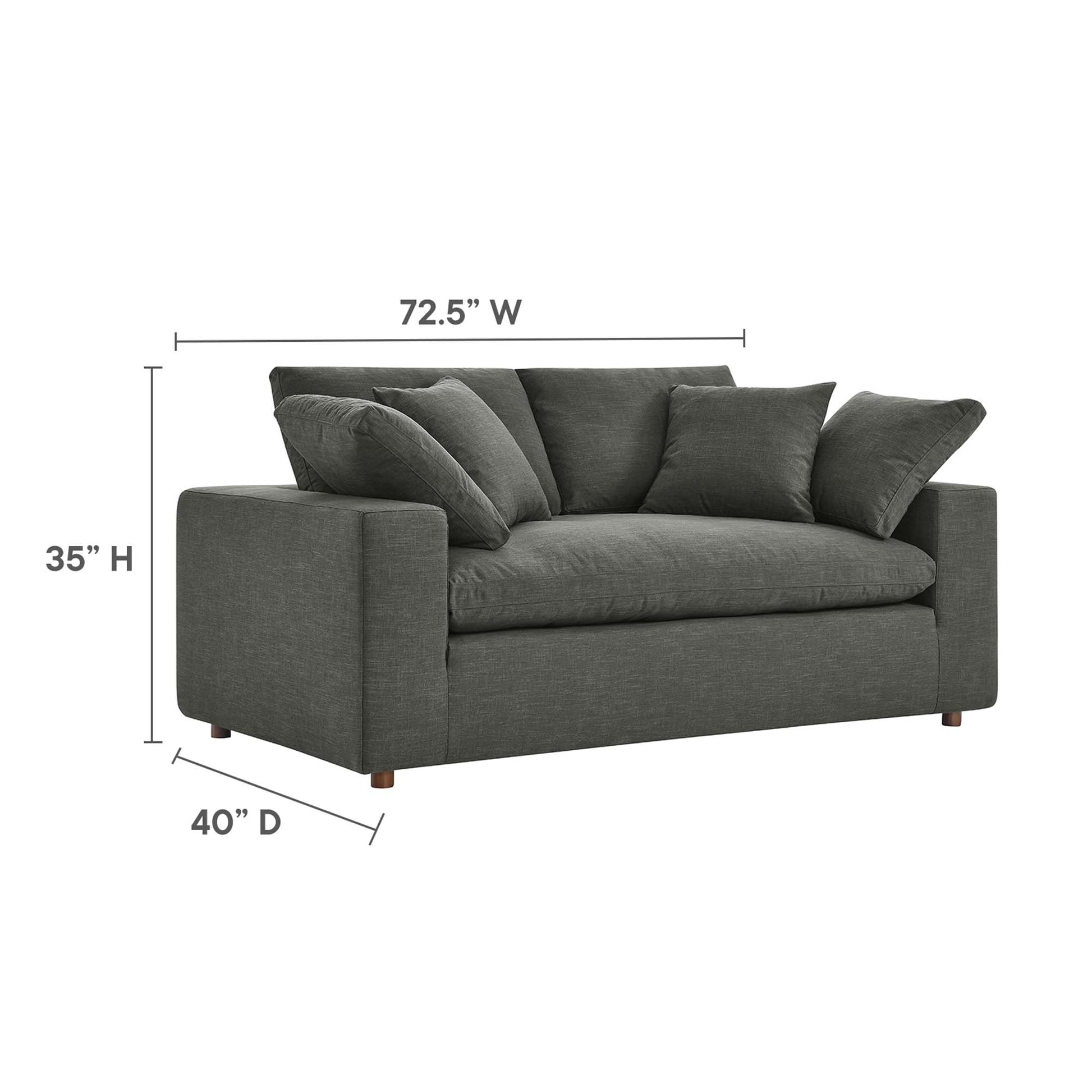 Gray fabric loveseat with square arms and overstuffed cushions on short wooden legs; 72.5W x 35H x 40D.