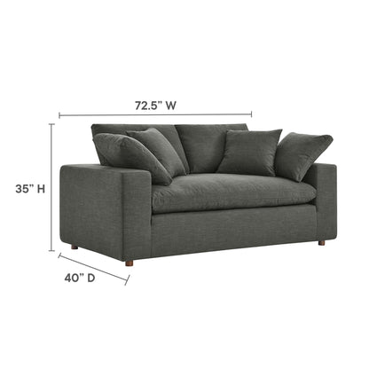 Gray fabric loveseat with square arms and overstuffed cushions on short wooden legs; 72.5W x 35H x 40D.