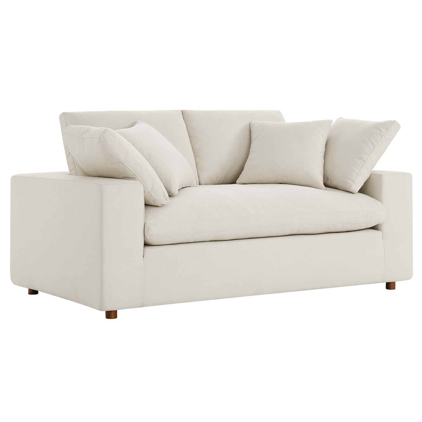 Beige linen loveseat with square arms, plush back cushions, matching throw pillows, and wooden feet.
